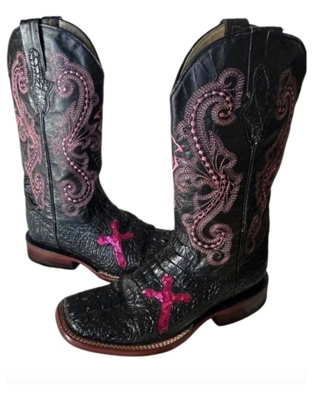 Ferrini Cowboy Boots Sz 6.5 Crocodile Caiman Alligator Black Pink Cross Cowgirl